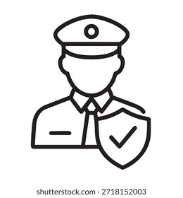 Un simple dibujo de línea en blanco y negro representa a un guardia de seguridad con un icono de tapa y escudo