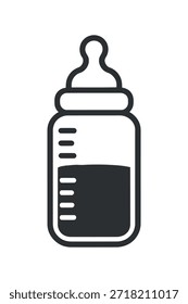 A simple black and white line drawing depicts a baby bottle filled with liquid showing a clear outline