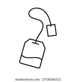 Desenho simples de linha preto e branco de um saco de chá com corda anexada