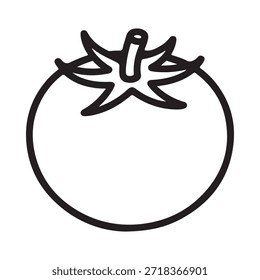 Simple black and white line drawing of a fresh tomato with stem