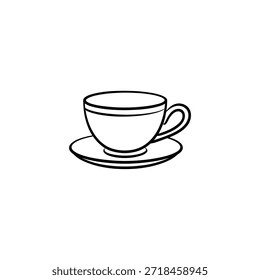 Un simple dibujo de línea en blanco y negro de una taza de té y un platillo