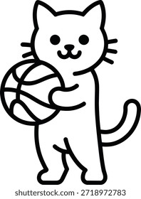Simple dibujo de línea en blanco y negro de un lindo gato sosteniendo una pelota de baloncesto