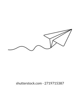 Un simple dibujo de línea en blanco y negro de un avión de papel en vuelo