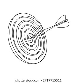 Um simples desenho de linha preto e branco de um dardo atingindo um centro alvo