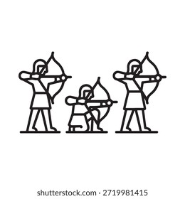 Desenho simples de linha preta e branca de três arqueiros apontando com arcos