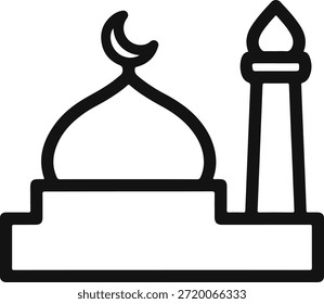 Simple dibujo de línea en blanco y negro de una mezquita con una luna creciente