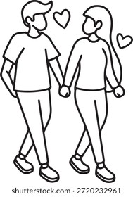 Um simples desenho em linha preta e branca representando um homem e uma mulher passeando de mãos dadas, rodeado por pequenos símbolos cardíacos.