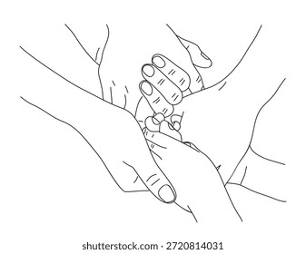 Um simples desenho de linhas em preto e branco de mãos estendidas para apoiar uma mão menor, simbolizando o cuidado, a proteção e a conexão humana.