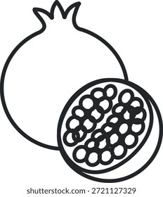 Dibujo de línea simple en blanco y negro de una fruta de granada entera y cortada a la mitad
