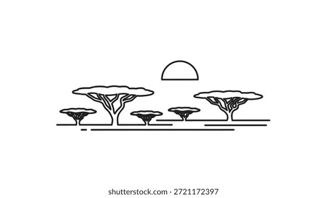 Um simples desenho em preto e branco retratando uma pacífica cena de savana com árvores acácias ao pôr do sol, enfatizando o estilo de arte minimalista e a tranquilidade natural sem detalhes excessivos.