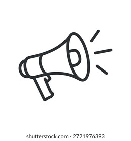Un simple dibujo de línea en blanco y negro representa un megáfono clásico posicionado en un ligero ángulo que sugiere comunicación y anuncio