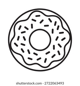 Un simple dibujo de línea en blanco y negro representa una rosquilla redonda clásica cubierta de coloridas partículas que ofrecen una visualización dulce