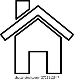 Einfache schwarz-weiße Linienzeichnung eines Hauses mit dreieckigem Dach, Kamin und zentrierter Tür