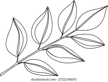 Dibujo de línea simple en blanco y negro de una rama con múltiples hojas sobre un fondo blanco liso, creando una ilustración botánica minimalista y elegante para varios propósitos de diseño.
