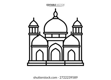 Simple dibujo de línea en blanco y negro de una hermosa mezquita islámica con una cúpula central.
