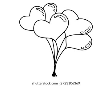 A simple black and white line drawing of a bunch of heart-shaped balloons tied together with string.