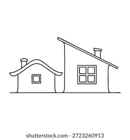 Um simples desenho em linha preta e branca de duas casas com formas de telhado e janelas distintas. Formato vetorial escalável adequado para impressão e me...