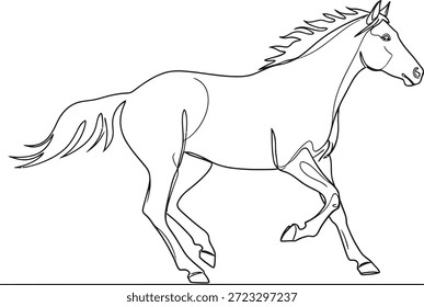 Un simple dibujo de línea en blanco y negro de un caballo al galope, capturando el movimiento dinámico y la elegancia del animal. La melena y la cola del caballo están fluyendo, y sus patas están a medio camino, transmitiendo una sensación de energía y libertad.