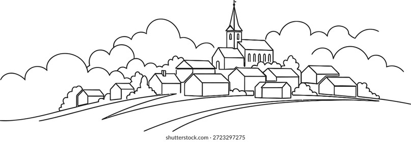 Um simples desenho de linha preta e branca de uma pacífica aldeia em uma colina, apresentando uma igreja proeminente com uma torre alta, cercada por casas e árvores sob um céu nublado.