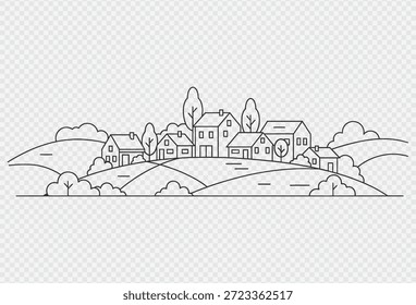 Um simples desenho em linha preta e branca de uma cena pacífica da aldeia, com casas em colinas rodando cercadas por árvores e nuvens, colocadas contra um fundo transparente.