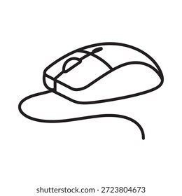 Dibujo de línea simple en blanco y negro de un ratón de computadora con un cable