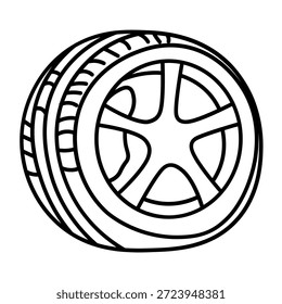 Um simples desenho de linha preto e branco de um pneu e da jante do carro. O pneu tem um padrão de piso e a jante tem um design de cinco raios.