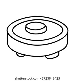 A simple black and white line drawing of a round object with a raised center and three small legs. The object appears to be a stylized representation of a pot or container.