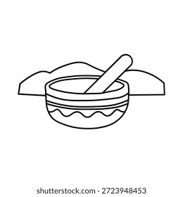 Un simple dibujo de línea en blanco y negro de un mortero y un almirez frente a colinas onduladas. El mortero tiene bandas decorativas alrededor de su borde.