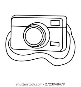 Um simples desenho a preto e branco de uma câmera digital com uma correia. A câmera é retratada de cima para baixo, mostrando sua lente, flash e corpo.