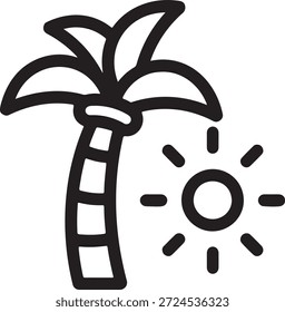Um simples desenho de linha preta e branca de uma palmeira com um sol ao seu lado isolado em um fundo transparente