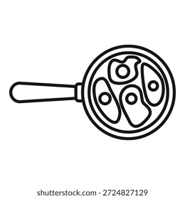 Simple black and white line drawing of a frying pan cooking eggs from above