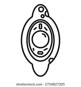 Desenho simples em preto e branco de uma janela de espaçonave mostrando o planeta com a cratera da órbita