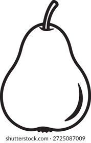 Un simple dibujo de línea en blanco y negro de una pera, aislado sobre un fondo blanco. La pera tiene una forma lisa y redondeada con un tallo en la parte superior.
