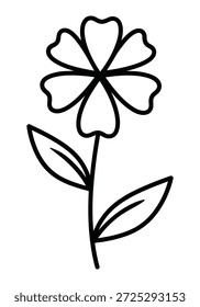 A simple black and white line drawing of a single flower with six petals and two leaves on a stem.