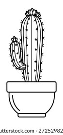 A simple black and white line drawing of a potted cactus with a smaller arm and a bloom on top.