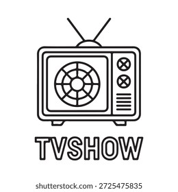 Desenho simples de linha preto e branco de um televisor vintage com texto