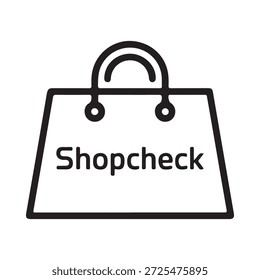 Simple black and white line drawing of a shopping bag with text