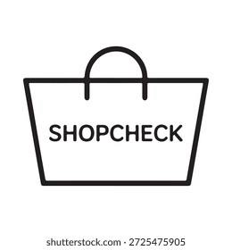 Simple black and white line drawing of a shopping bag with text