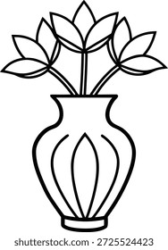 Un simple dibujo de línea en blanco y negro de un jarrón decorativo que sostiene un ramo de flores estilizadas con pétalos puntiagudos