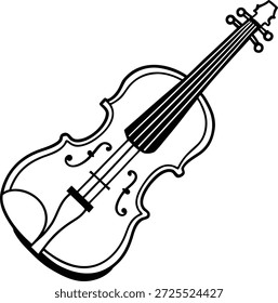 Un simple dibujo de línea en blanco y negro de un violín clásico, un instrumento musical de cuerda aislado sobre un fondo blanco