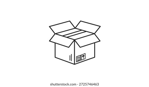 Simple dibujo de línea en blanco y negro de una caja de envío de cartón abierta con símbolos de mango y precaución utilizados para logística y temas en movimiento.