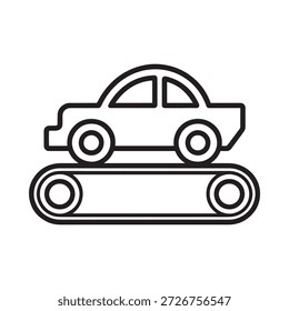 Dibujo de línea simple en blanco y negro de un automóvil en una cinta transportadora