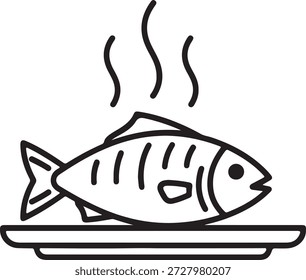 Uma simples linha preta e branca desenhando um peixe inteiro cozido servido em uma travessa, com vapor subindo dela, indicando que está quente e pronto para comer.