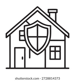 Um simples desenho a preto e branco retrata uma casa com um escudo posicionado na frente, simbolizando a segurança e proteção da casa. Representa visualmente segurança e tranquilidade. alta qualidade