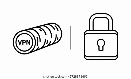 Um simples desenho a preto e branco mostra dois ícones distintos lado a lado, separados por uma fina linha vertical. À esquerda está um objeto cilíndrico com as letras 'VPN' visíveis em sua extremidade circular, sugerindo uma Rede Virtual Privada. O cilindro tem uma textura com nervuras. À direita está um ícone clássico de cadeado, simbolizando segurança e proteção. A imagem geral transmite o conceito de privacidade on-line e segurança de dados facilitada pelos serviços VPN.