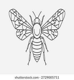 Un simple dibujo de línea en blanco y negro de una abeja con patrones geométricos en sus alas