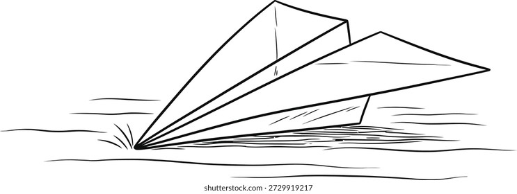 A simple black and white line drawing of a paper plane in flight, gliding over the surface of water, creating ripples as it moves.