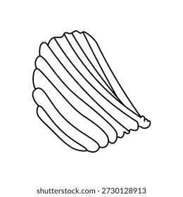 A simple black and white line drawing of a single ruffled potato chip, illustrating its distinctive wavy texture and shape.