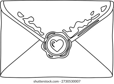 Um simples desenho em preto e branco de um envelope selado com um carimbo de cera em forma de coração.