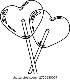 Un simple dibujo de línea en blanco y negro de dos piruletas en forma de corazón en palos.